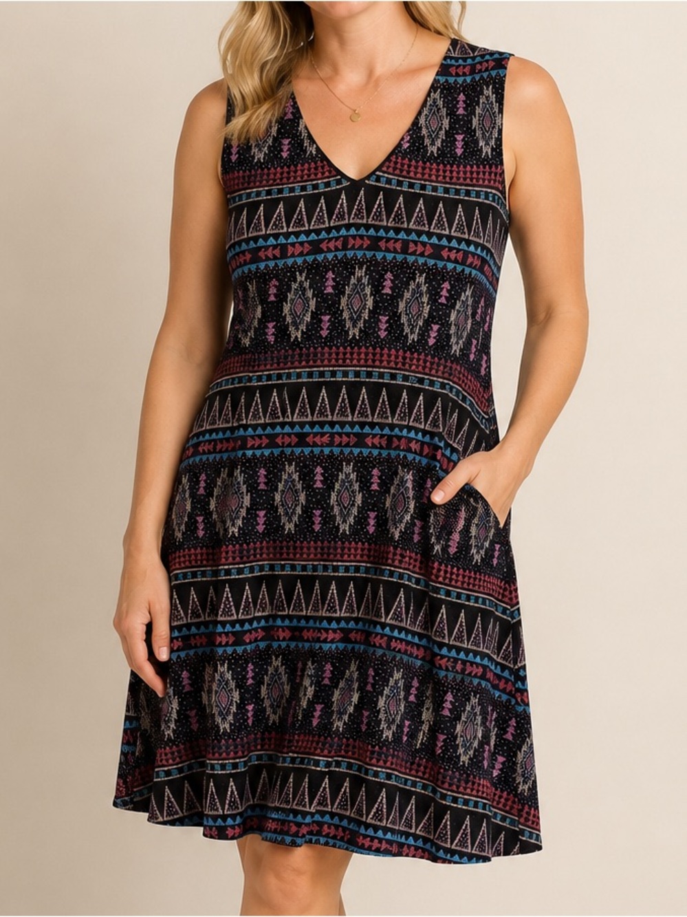 Tradition Tribal Print Sleeveless Fit & Flare Dress Size 14 Boho Aztec Midi